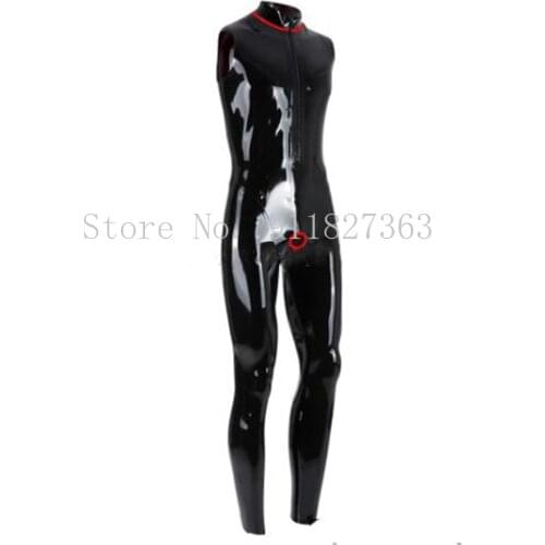 New Latex Catsuit Men Sleeveless Front Zip Crotch Hole Ring Hole Customized