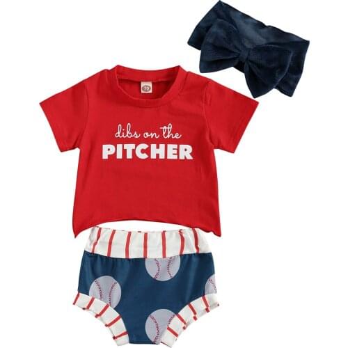Kid Baby Girls Sportwear Baseball Shorts Set Short Sleeves Round Neck High Waist Triangle Crotch Shorts With Bowknot Hairband