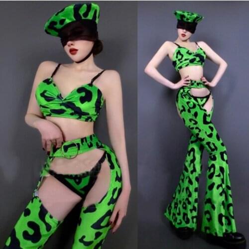 Bar Nightclub Sexy Women Gogo Costume Green Leopard Bikini Split Bell Bottomed Pants Hat Outfit DJ Singer Dancer Team Stage Wear