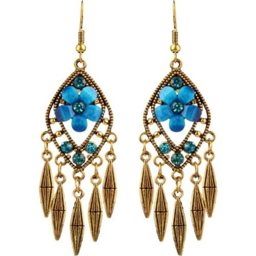 Boho Hollow Tassel Earring Flower Rhinestone Jewelry Bohemian Style Dangle Earrings for Women Girl