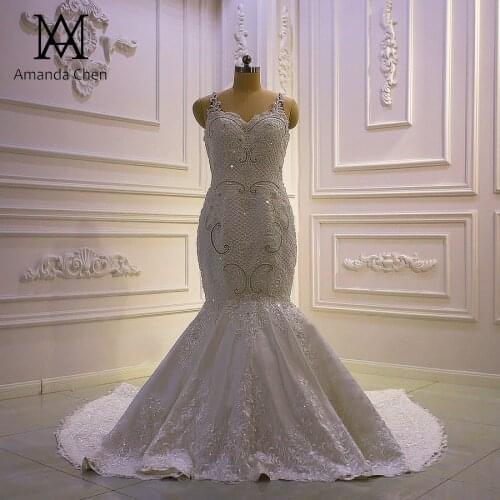 Hochzeit Spaghetti Straps Lace Appliqued Pearls Mermaid Wedding Dress