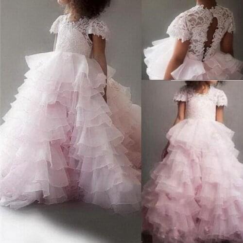 Light Pink Tiered Flower Girl Dress with Train Lace Top New Pageant Wears Cap Sleeves Tulle Birthday Gowns