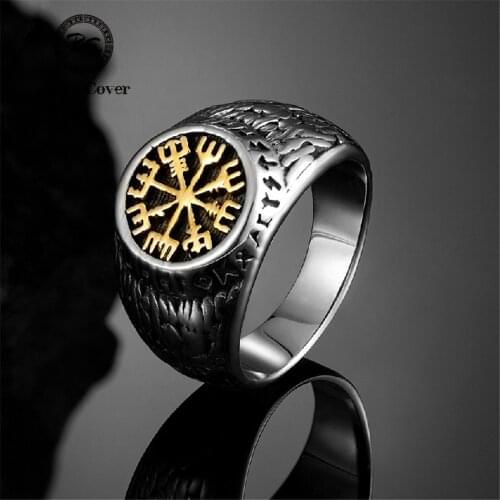 Viking Signet Icelandic Compass Ring Mens Stainless Steel Norse Runes Scandinavian Berserker Rings Vegvisir Runic Gold Jewelry