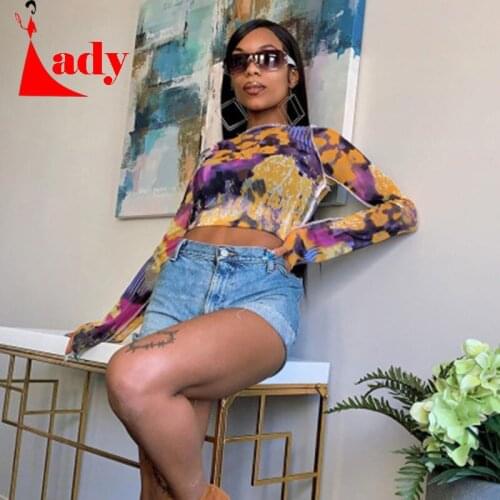 Vintage Tie-dye graphic tees croptop sexy see-through mesh fabric casual high streetwear female full party slim T shirt