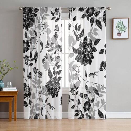 Black And White Flowers Window Treatment Tulle Modern Sheer Curtains for Kitchen Living Room the Bedroom Curtains Decoration