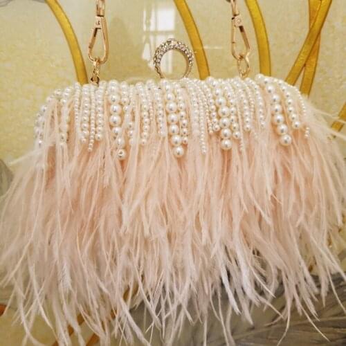 Ostrich Fur Totes Women Pearl Shoulder Bags Clutch Bride Wedding Chain Messenger Bags Purses Beaded Handbags Evening Party Bag