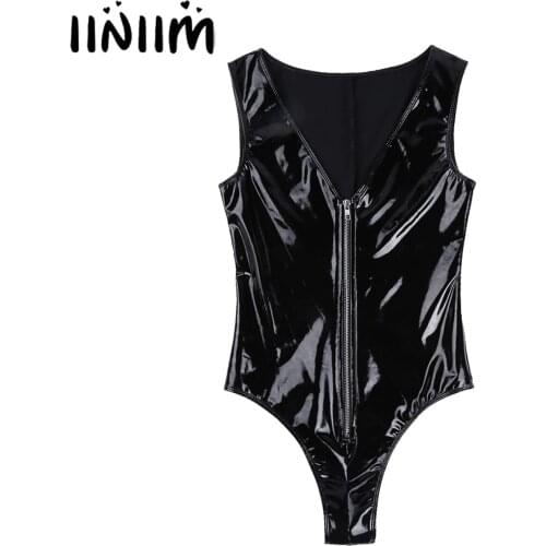 Womens Wet Look Bodysuit Bodycon Catsuit V Neck Zipper Leotard Skinny Sexy Clubwear Femme Body Latex Homme Night Parties Teddies
