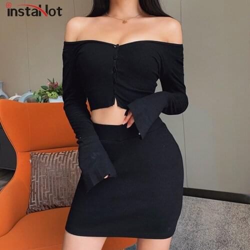 InstaHot two piece skirt set long sleeve slash neck summer elegant crop top and mini skirt button slim casual women 2 piece set