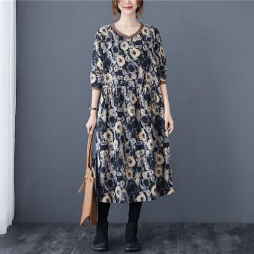 Women Cotton Linen Casual Dress New 2020 Autumn Vintage Style V-neck Floral Print Loose Comfortable Female Long Dresses S2271