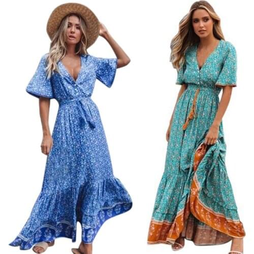 2Pcs Retro Maxi Dress Women Summer Short Sleeve V Neck Floral Print Boho Beach Long Dress Royal Blue M & Lake Blue XL