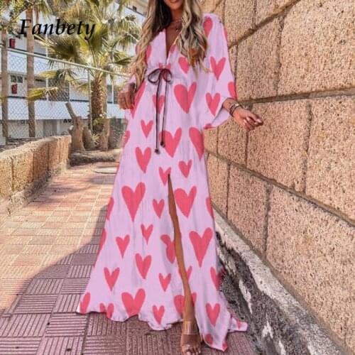 Autumn Lady Elegant V-Neck High Waist Sexy Split Maxi Dress Vintage Printed Fashion Belt Chic Party Dresses Women Beach Dresses