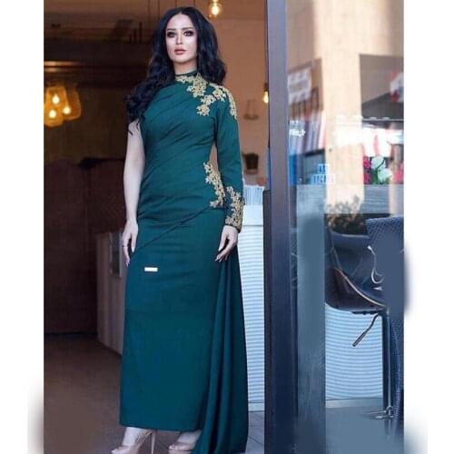 High Neck Muslim Evening Dresses 2020 Sheath Long Sleeves Gold Appliques Beaded Dubai Saudi Arabic Long Prom Party Gowns