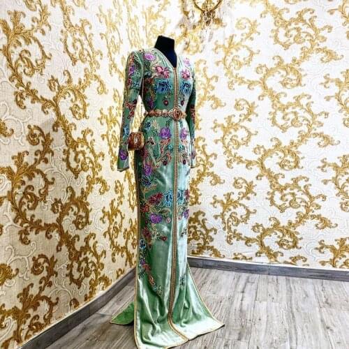 Green Floor Sleeves Moroccan Caftan Evening Dress Color Embroidery Flower A-line Saudi Arabia Dubai Robe Custom Made Plus Size