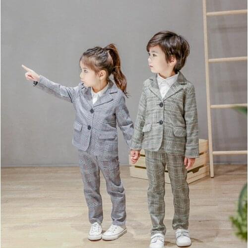 Hot 2020 Spring Fall New Childrens Formal Suit Little Boys Plaid Jacket + Pants 2 Pcs Baby Kids Single-Breasted Clothes Set X61
