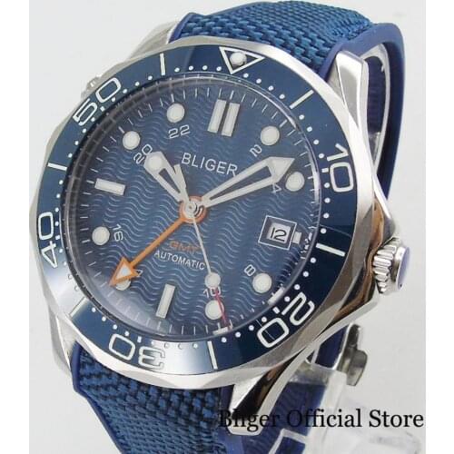 BLIGER Mechancial Wristwatch 41mm Automatic Mens Watch GMT Sapphire Glass Rubber Strap