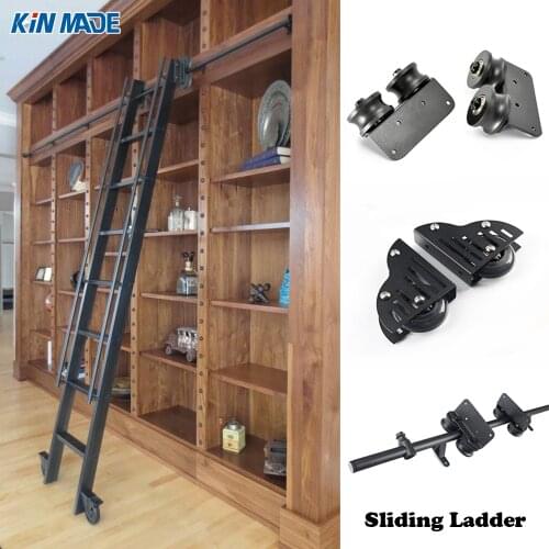 Kinmade 3.3ft 6.6ft Rustic Black Round Tube Sliding Barn Ladder Library Ladder Track Kit