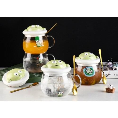 500ml Creative Cute Frog Mug Home Large-Capacity Glass Breakfast Milk Coffee Tea Cup With Lid Spoon With Straw With Handle