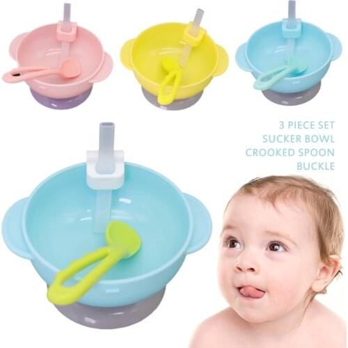 Cartoon Baby Auxiliary Food Bowl Anti Falling Suction Cup Set Suction Cup Buckle Suction Tube Crooked Spoon Baby Feeding Dishes