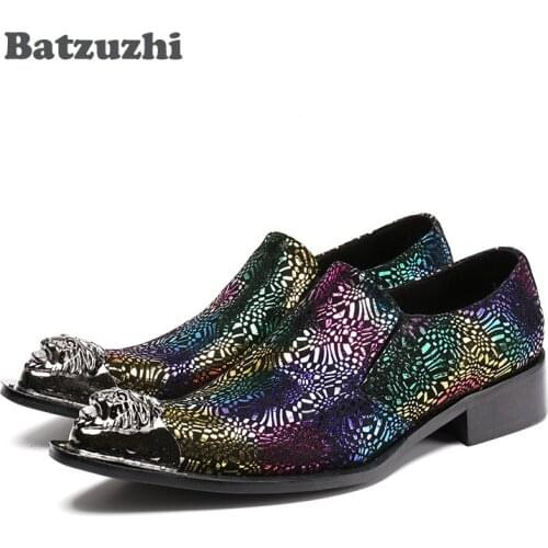 Batzuzhi Rock Men Shoes Colorful Genuine Leatther Dress Shoes Men Low Heels Iron Toe Super Star Party/ Stage Shoes Men, 38-46