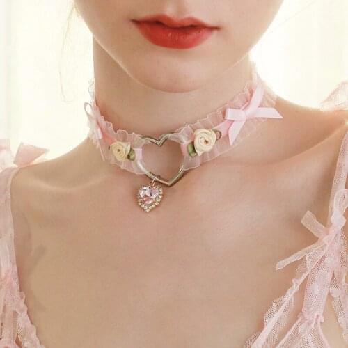 Harajuku Soft Lolita Girl Heart Handmade Bow Rose Retro Pink Necklace Accessories Princess Gift