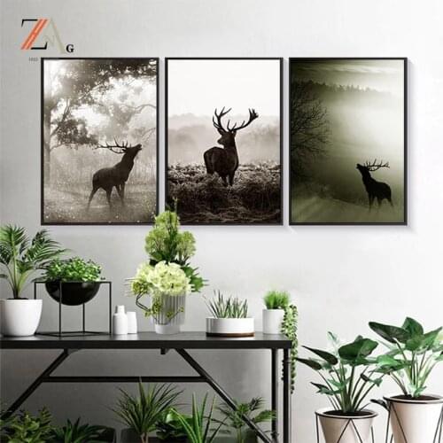 Nordic style animal deer wall art canvas painting forest landscape art poster animal print mural living room home decoration