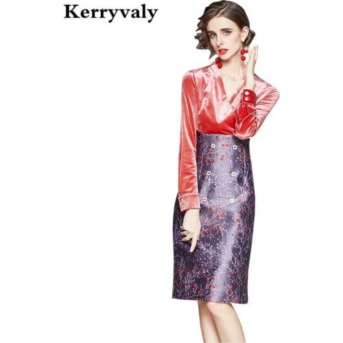 Autumn Ladies V-neck Long-sleeved Velvet Dress Women Jacquard Stitching Dress Vestido Elegante Mujer Damen Kleider K3638
