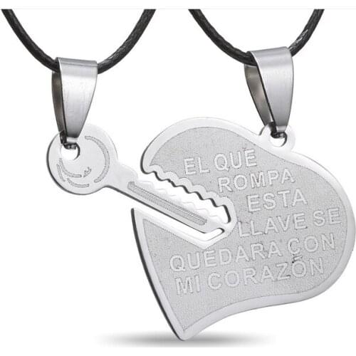 HC New Fashion Broken Heart Statement Necklaces Key Lock Couple Necklace Stainless Steel Engrave Girl & Boy Pendants Necklace F