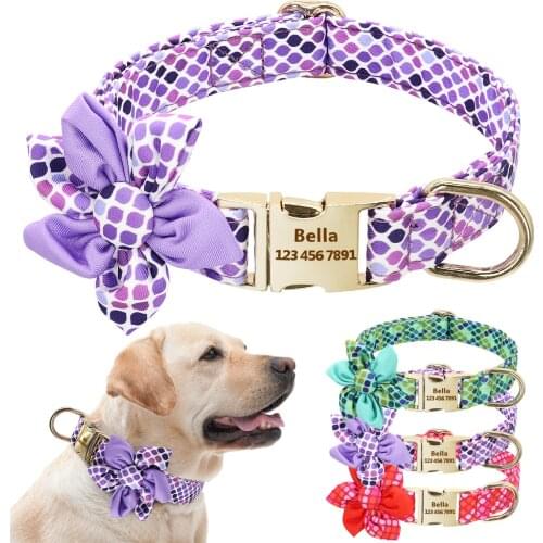 Custom Engraved Dog Collar Nylon Print Dog Collars Personalized Pet ID Tag Metal Buckle With Flower Small Medium Large Dogs