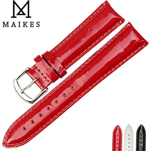 MAIKES New 12 14 16 18 20mm HQ Red Genuine Leather Watch Band Fashion Watchband Shine Noble Women Patent leather Watch Strap