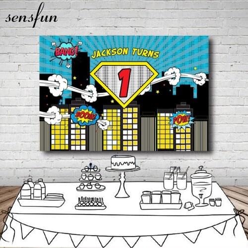 Sensfun Superhero Party Photography Backdrop Night Building Boys 1st Birthday Party Backgrounds For Photo Studio 7x5FT Vinyl