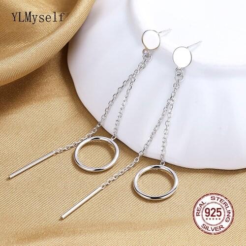 6.5CM Real Silver Geometric Long Chain Drop Earrings Round Circle Design Elegant Simple 925 Fine Jewelry