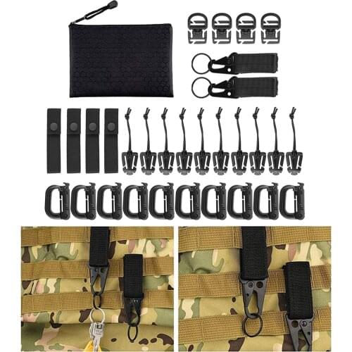 30Pcs Tactical Gear Clips Molle Attachments Elastic String Strap Camping Equipment 360 Rotation D-Ring Clips for Pouch Backpack