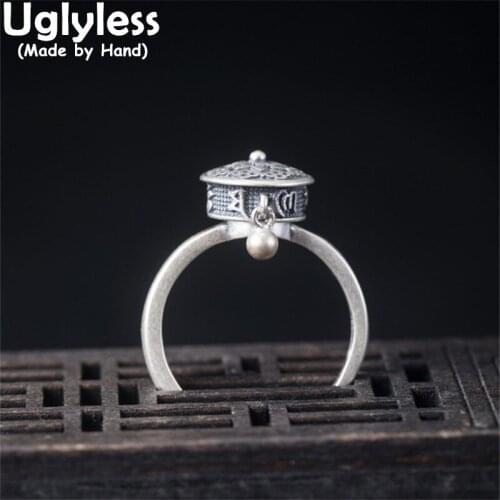 Uglyless Tibetan Buddhism Prayer Wheel Spinning Rings for Female Buddhists 6-word Mantra Rings 925 Silver Lotus Jewelry Vintage