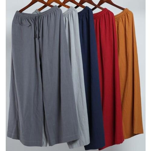 High quality Summer cotton&linen blue/grey/red buddhist shaolin monks kung fu bloomers buddha lay trousers zen meditation pants