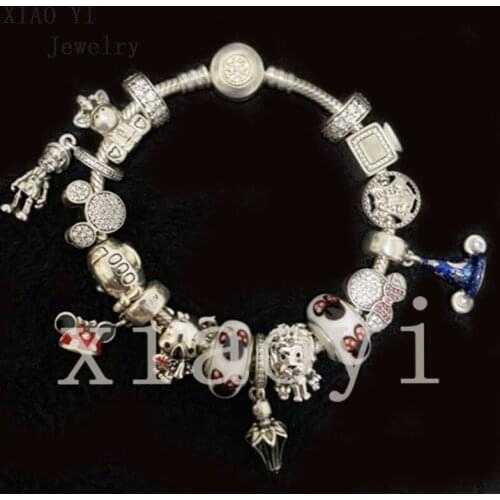 XIAOYI 2020 New 100% S925 Cartoon series magic hat boy mouse lion lantern glass square high quality beaded bracelet design