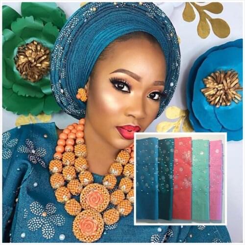 Women African Beaded ASO OKE Gele Fabric For Head Shoulder Party Wrapper African Head Tie With Huge Beads And Stones 30