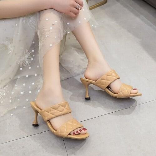 New Summer Fashion PU Leather Slipper Women Spike Heels Sewing Plaid Square Open Toe Woman Outside Shoes Non-Slip Cute Slippers