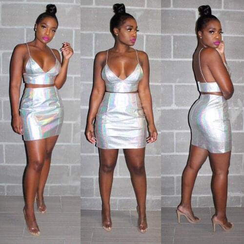 BKLD Bling Silver Metallic Holographic Sexy Two Piece Skirt Set Women Strapless Crop Tops+Bodycon Mini Skirt Outfits 2020 Summer