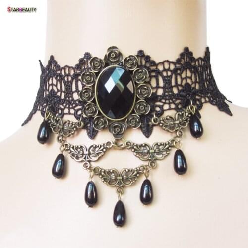 Gothic Black Pearl Tassel Choker Necklace Women Lace Necklace Rose Mirror Steampunk Short Collar Statement Necklaces