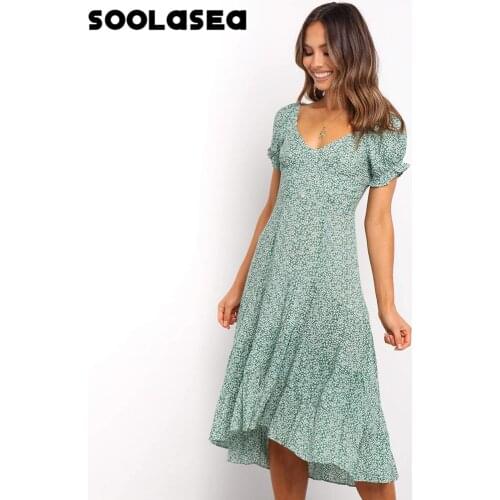Soolasea Women Dress 2020 New Summer Boho Floral Print V-Neck Midi Dress Lantern Sleeve Vacation Beach Dresses Ladies Vestidos