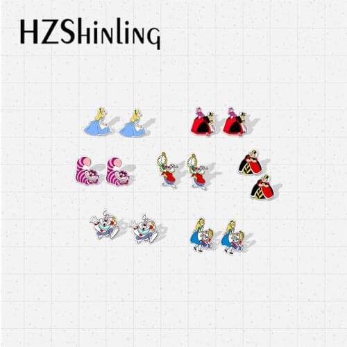 2021 New Arrival Alice in Wonderland Acrylic Epoxy Earrings Alice and Cats Clock Rabbit Cartoon Style Resin Stud Earrings