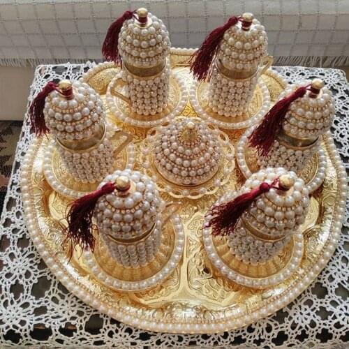 Handmade authentic Design Turkish Greek Arabic Coffee Espresso Set for 6 Service, Cups Saucers Lids Tray Delight Candy Dish GIFT