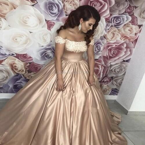 Ball Gowns Satin Wedding Dresses with Beaded Appliques Sexy Off Shoulder Boat Neck Bridal Gowns Champagne vestido de noiva 2020
