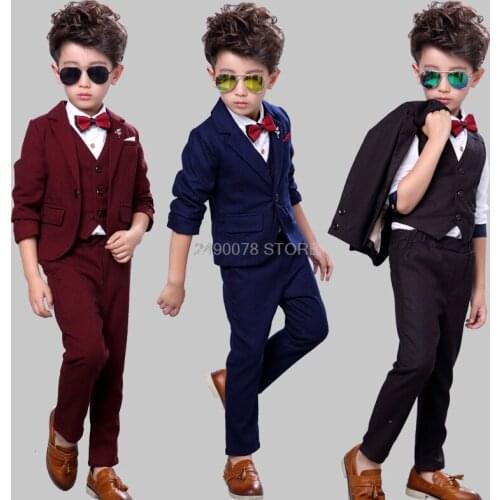 Flower Boys Girls Evening Formal Blazer Jacket Vest Pants 3Pcs Clothing Set Kids Wedding Tuxedo Suit Children Birthday Costume