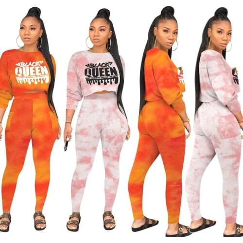 Tie-Dye Letter BLACK QUEEN Print Long Sleeves Tshirts & Trousers Women Two Piece Outfits 2020 New Autumn Casual Suits