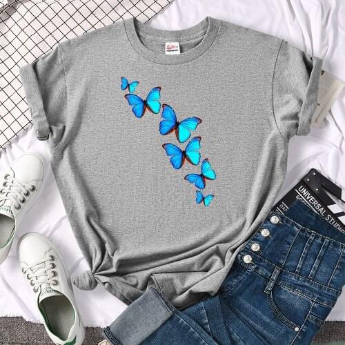 Cute Blue Butterfly Printing T-Shirts Women Streetwear Casual Tee Shirts Harajuku Loose Tshirt Soft Comfortable Woman T-Shirt