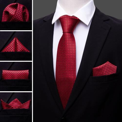 LS-1573 Barry.Wang Classic Men`s Tie 100% Silk Red Plaid Necktie Hanky Cufflink Set For Men`s Wedding Party Business