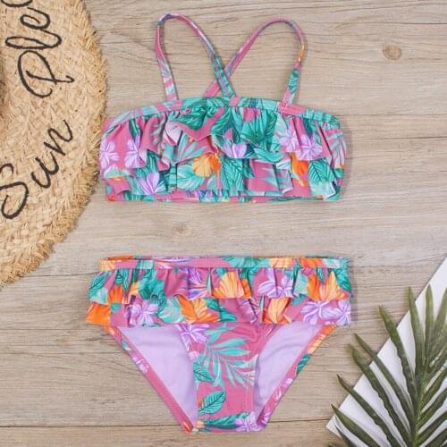 Floral Ruffle Girls Swimsuit Kids 3-8 Years Toddler Girl Bikini Set Cross Back Two Piece Childrens Swimwear Girls Bathing Suits
