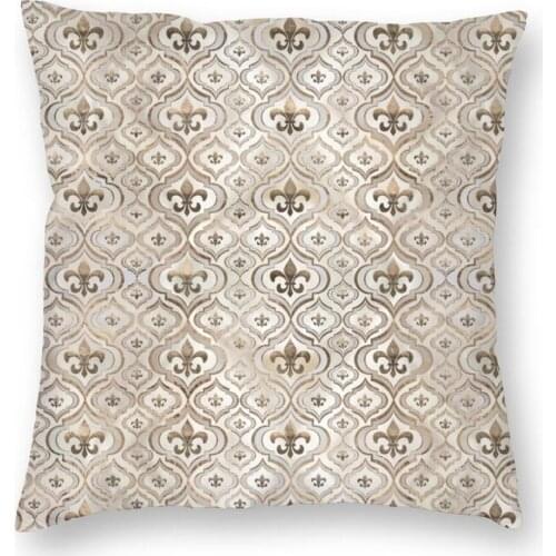 Fleur De Lis Pearl Gold Pattern Square Pillowcover Home Decor Lily Flower Moroccan Trellis Cushion Cover Throw Pillow for Car