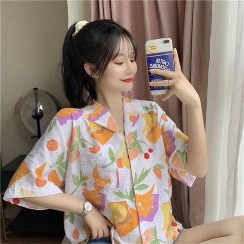 Summer Korean Printed Shirt Short-sleeved Chiffon Floral French Style Blouses Ladies Tops